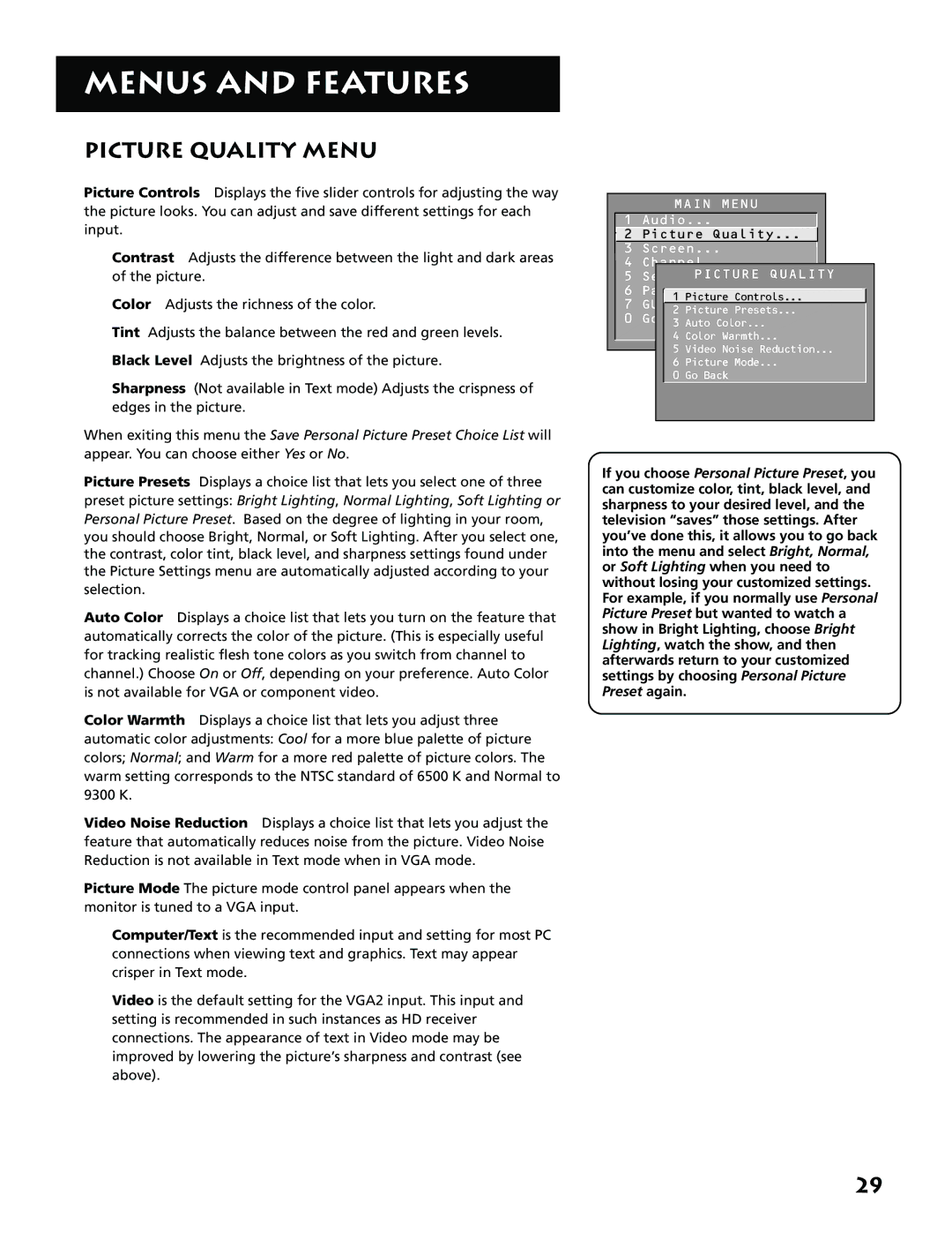 RCA MM27110 manual Picture Quality Menu 