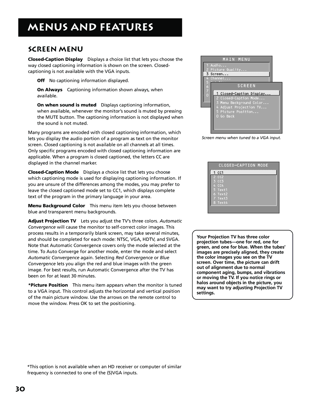 RCA MM27110 manual Screen Menu 