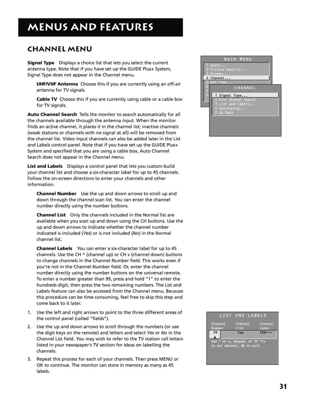 RCA MM27110 manual Channel Menu 