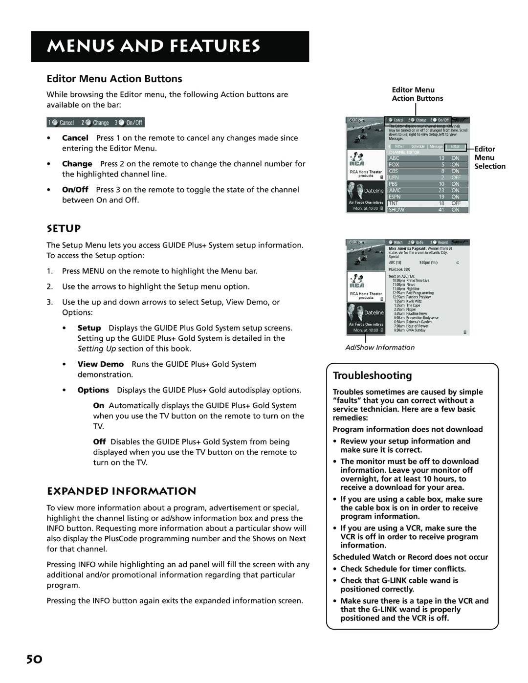 RCA MM27110 manual Setup, Expanded Information, Troubleshooting, Editor Menu Action Buttons Selection 