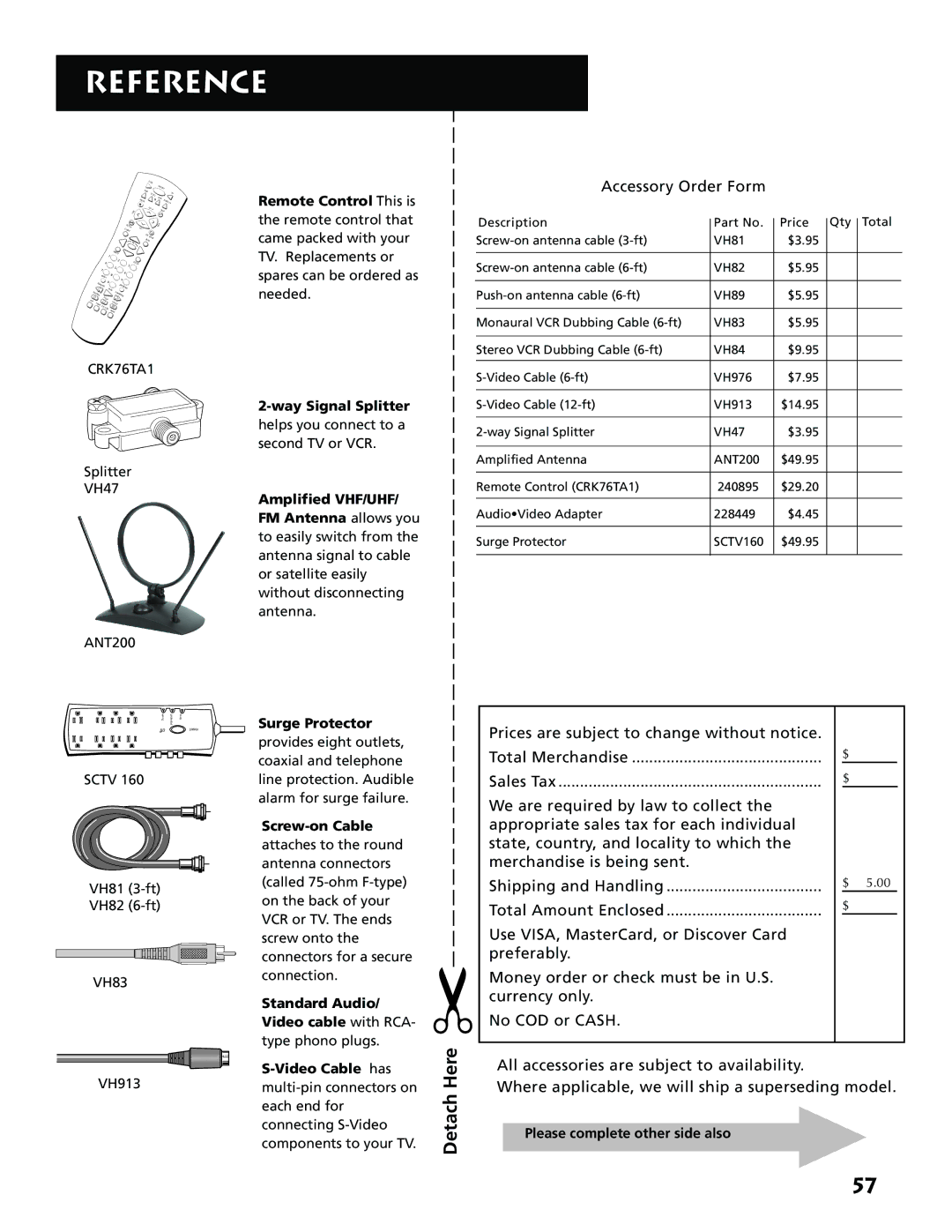 RCA MM27110 manual Detach, Accessory Order Form 