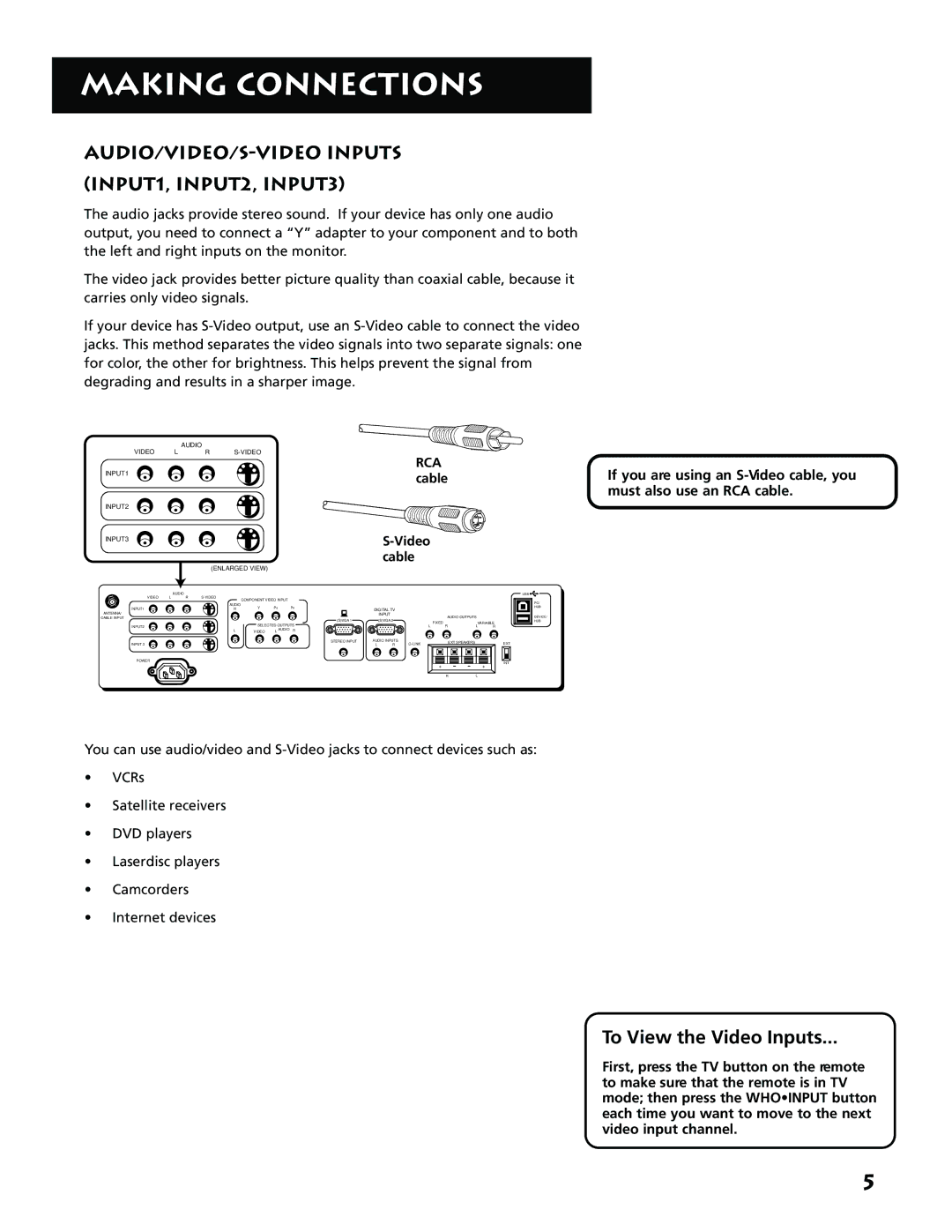 RCA MM27110 manual AUDIO/VIDEO/S-VIDEO Inputs INPUT1, INPUT2, INPUT3, To View the Video Inputs, Video Cable 