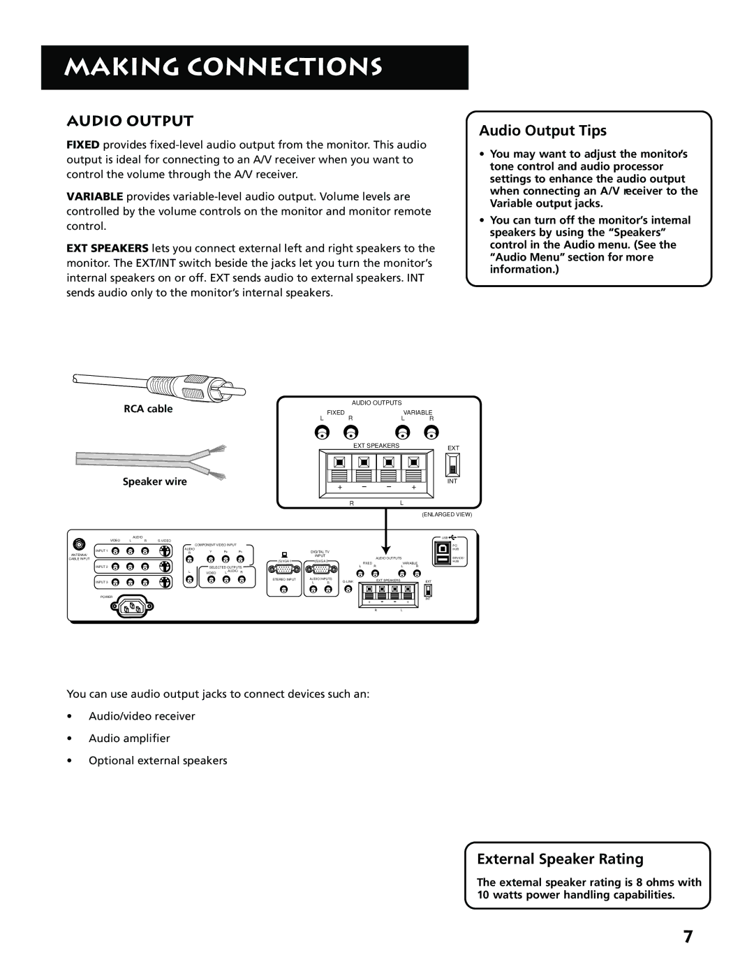 RCA MM27110 manual Audio Output Tips, External Speaker Rating, RCA cable, Speaker wire 