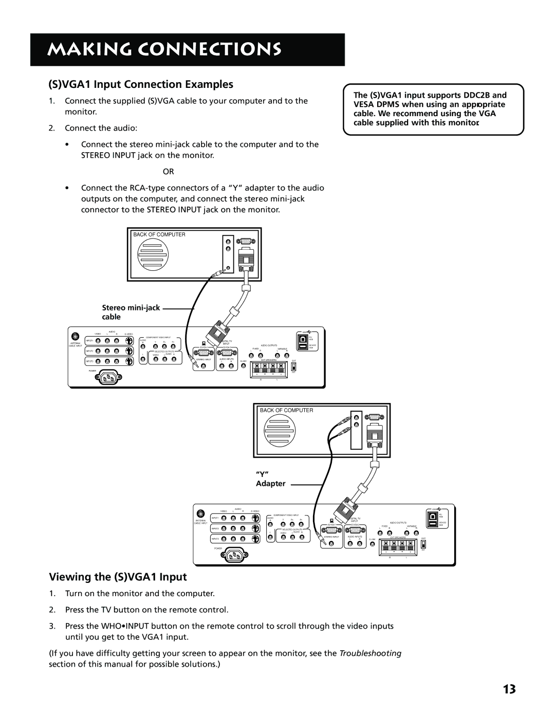 RCA MM52110 manual SVGA1 Input Connection Examples, Viewing the SVGA1 Input, Stereo mini-jack Cable, Adapter 