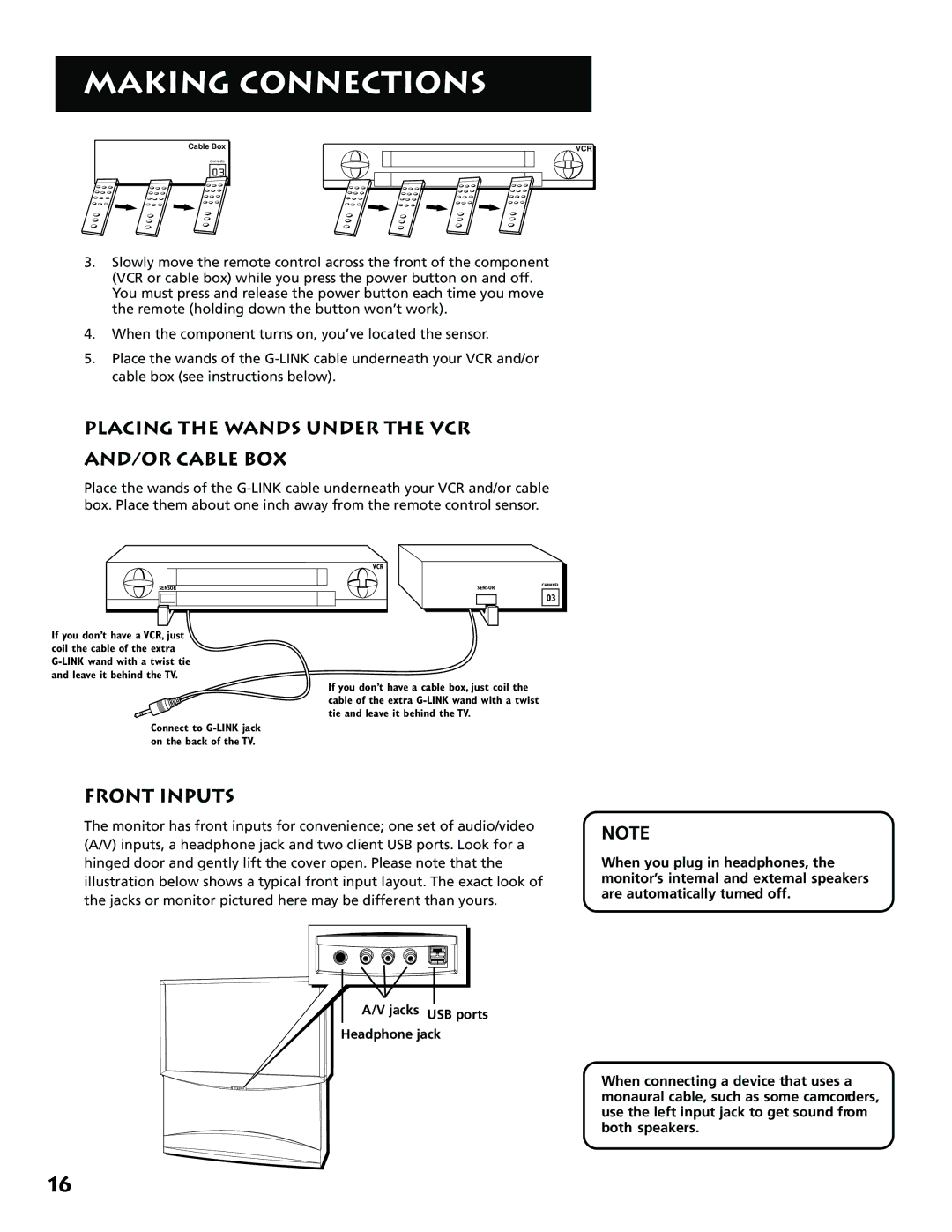 RCA MM52110 manual Placing the Wands Under the VCR AND/OR Cable BOX, Front Inputs, Jacks USB ports Headphone jack 