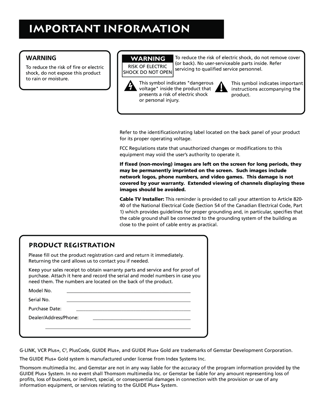 RCA MM52110 manual Important Information, Product Registration 