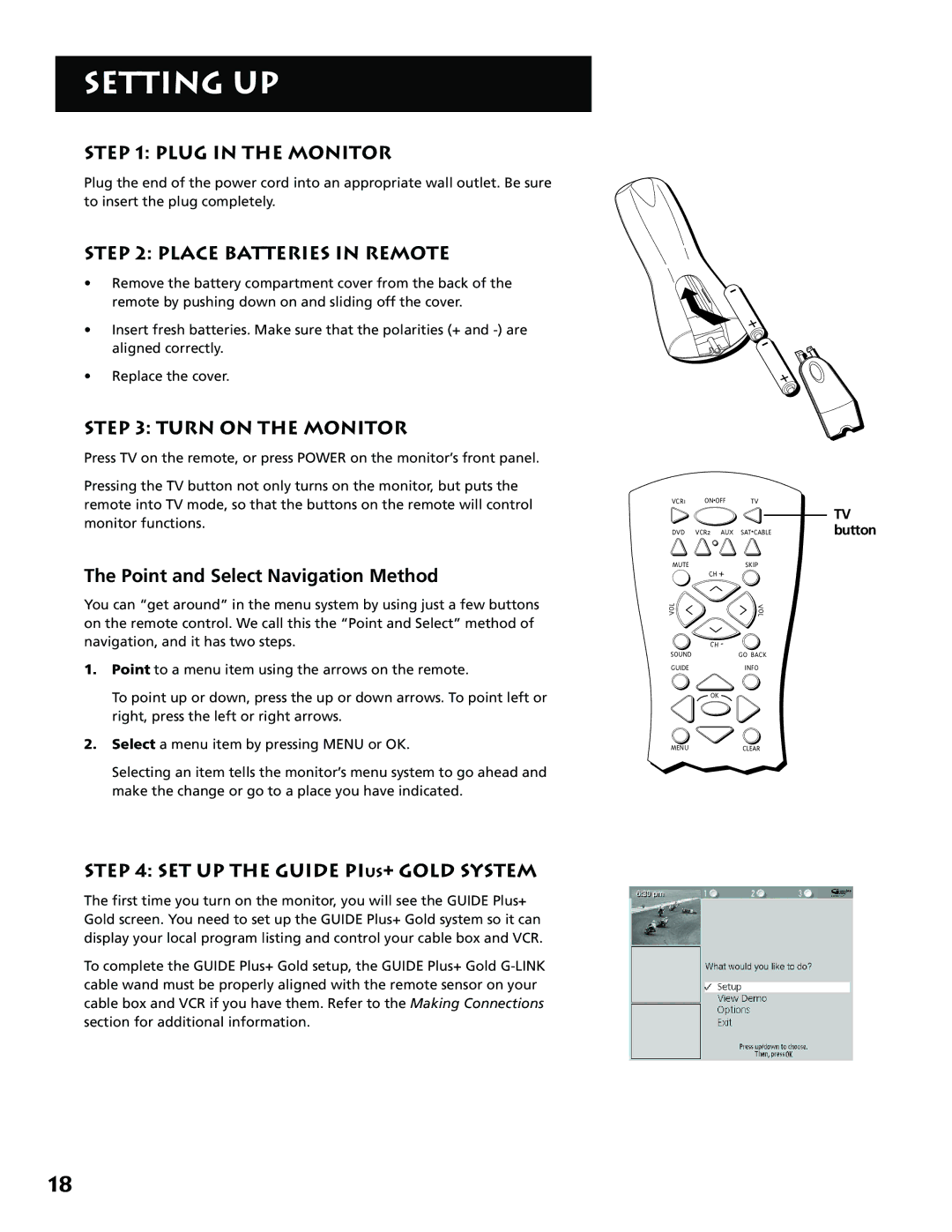 RCA MM52110 manual Plug in the Monitor, Place Batteries in Remote, Turn on the Monitor, Point and Select Navigation Method 