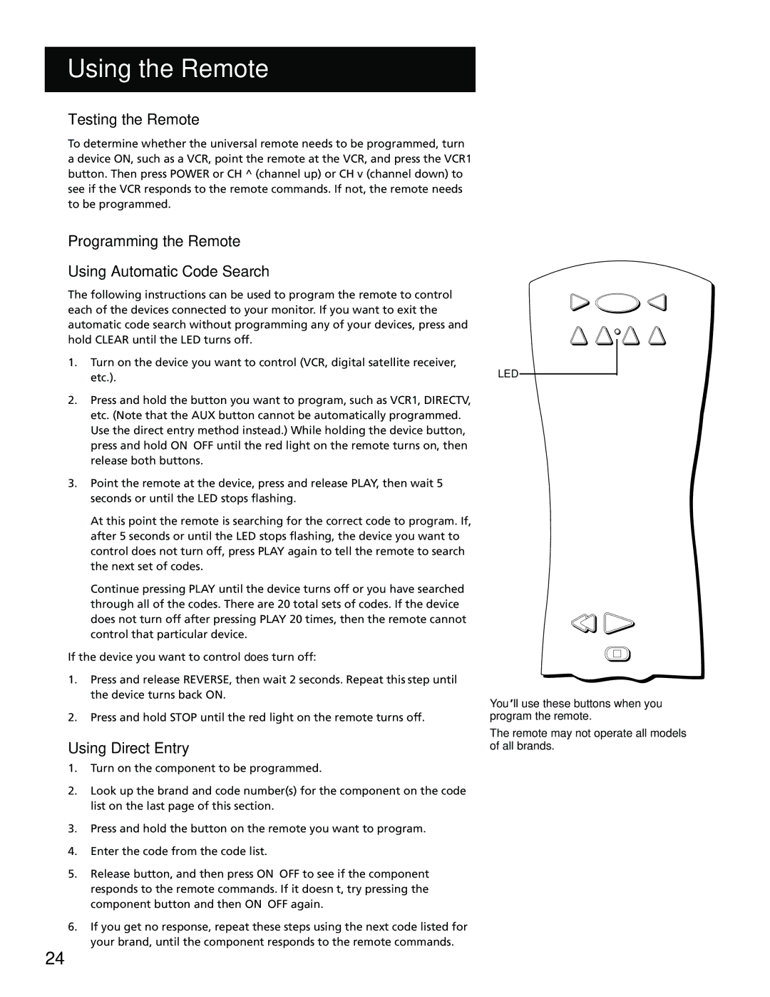 RCA MM52110 manual Testing the Remote, Programming the Remote, Using Automatic Code Search, Using Direct Entry 