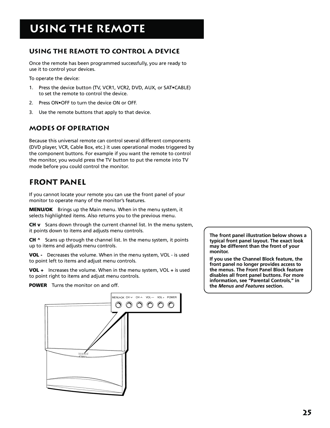 RCA MM52110 manual Front Panel, Using the Remote to Control a Device, Modes of Operation 