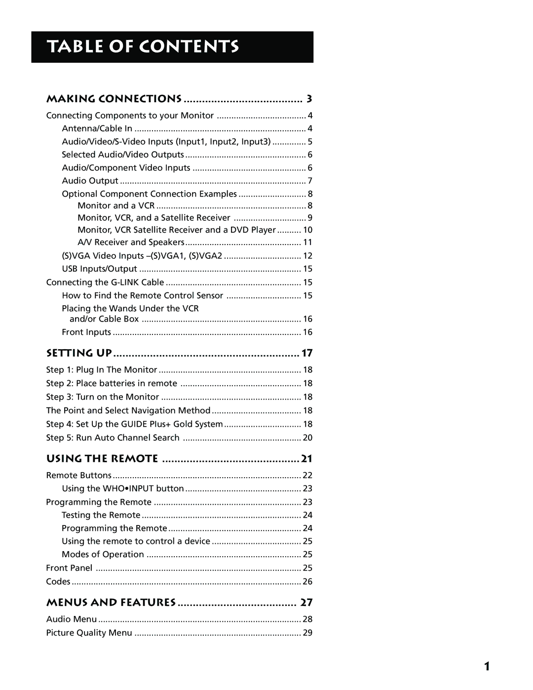 RCA MM52110 manual Table of Contents 