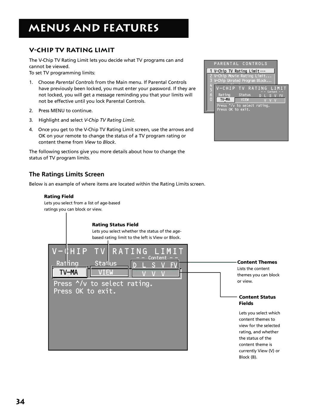 RCA MM52110 manual Chip TV Rating Limit, Ratings Limits Screen 