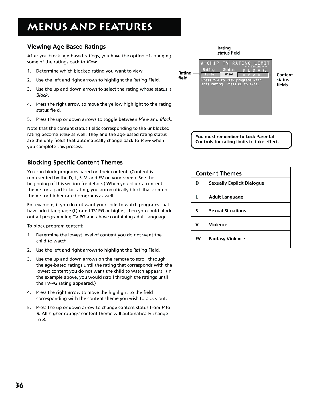 RCA MM52110 manual Viewing Age-Based Ratings, Blocking Specific Content Themes, Rating status field, Fantasy Violence 