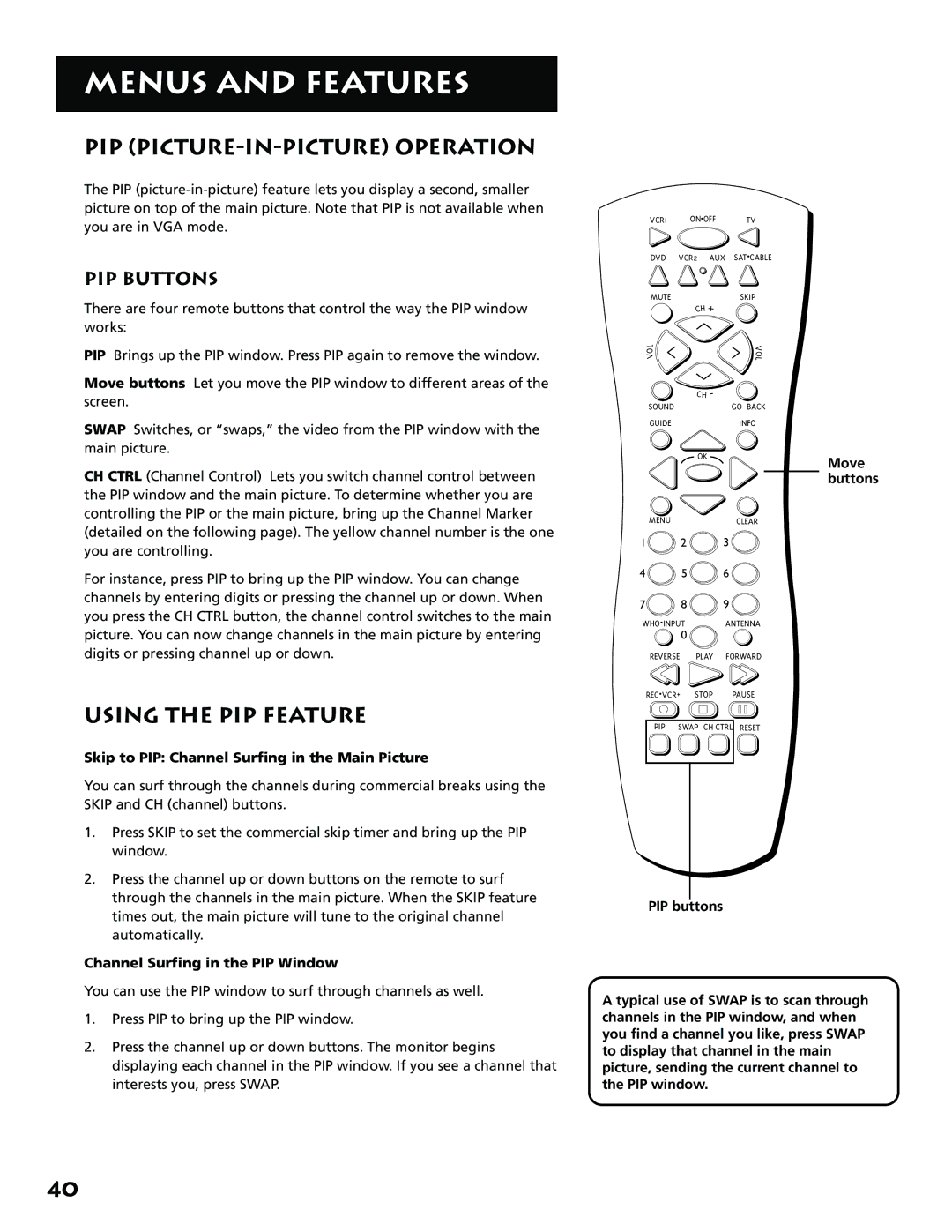 RCA MM52110 manual PIP PICTURE-IN-PICTURE Operation, Using the PIP Feature, PIP Buttons 