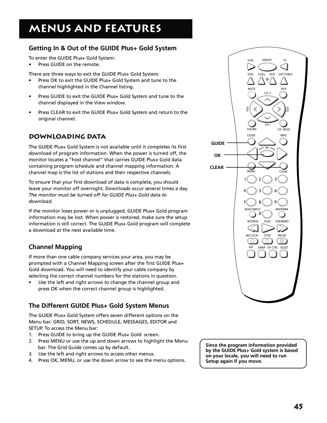 RCA MM52110 manual Getting In & Out of the Guide PIus+ Gold System, Downloading Data, Channel Mapping 