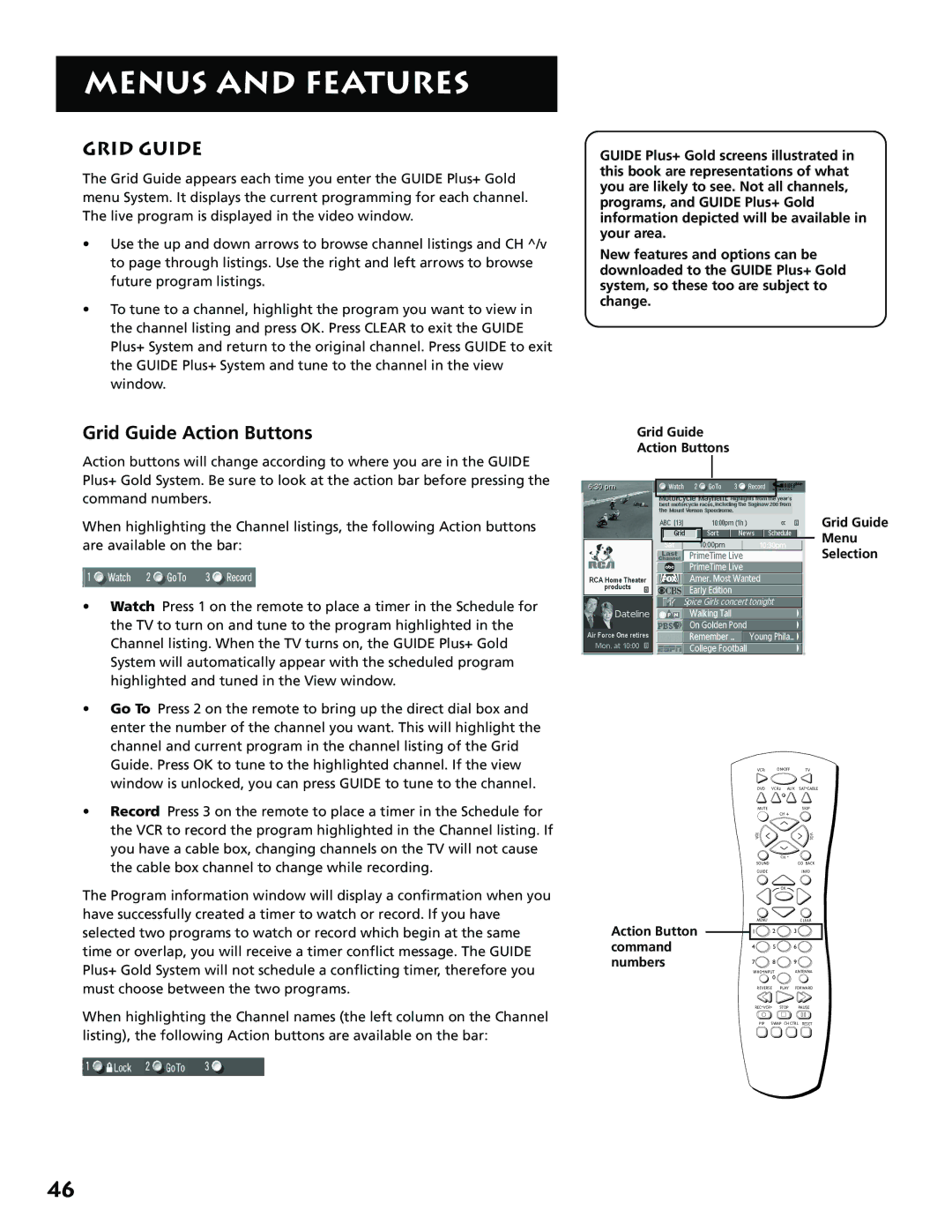 RCA MM52110 manual Grid Guide Action Buttons Menu Selection, Action Button command numbers 