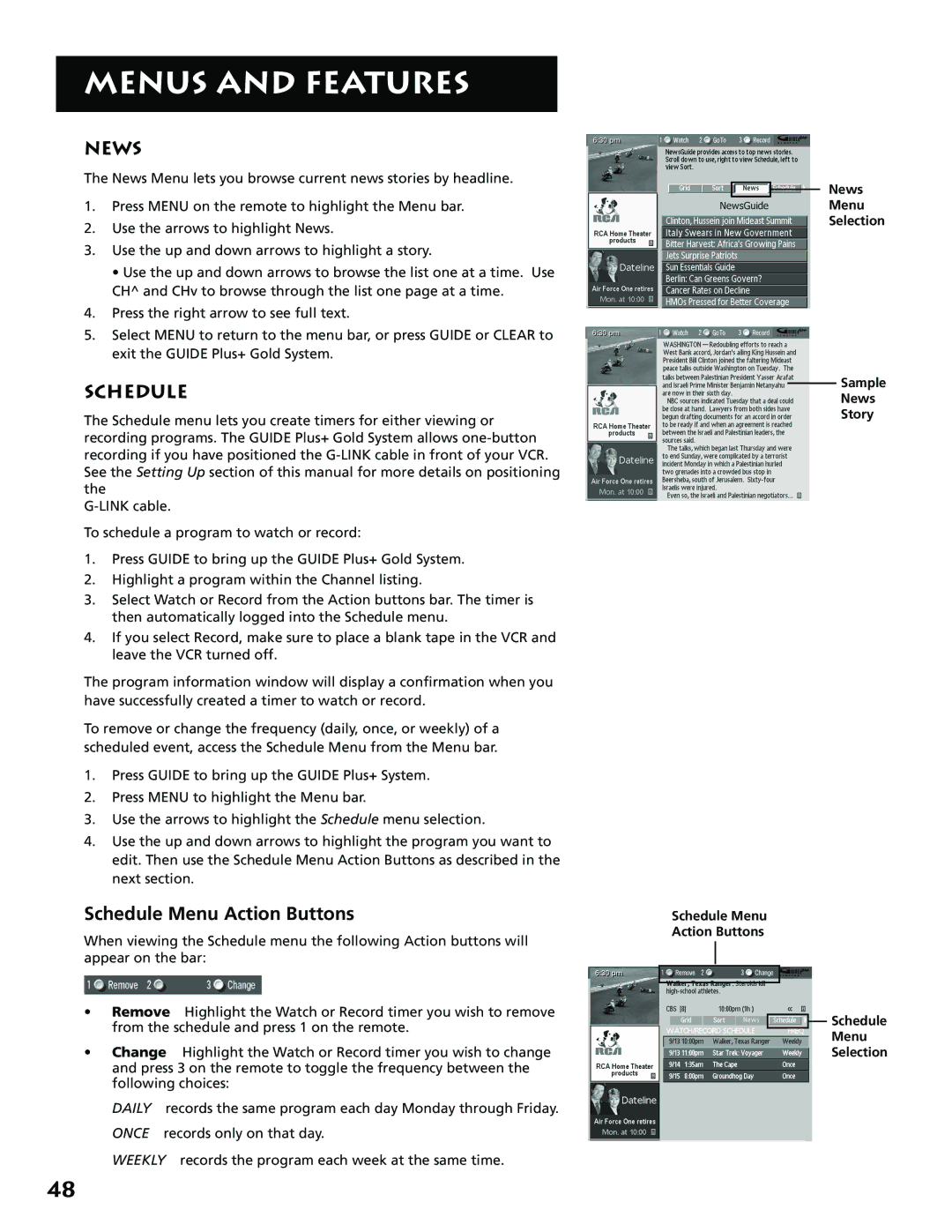 RCA MM52110 manual News, Schedule Menu Action Buttons 