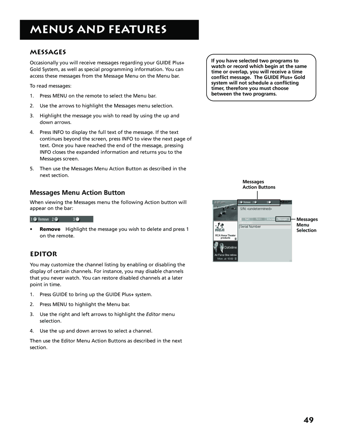 RCA MM52110 manual Messages Menu Action Button, Editor, Messages Action Buttons Menu Selection 