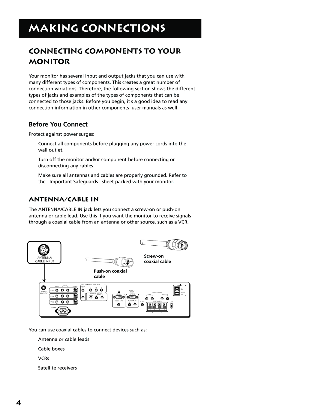 RCA MM52110 manual Connecting Components to Your Monitor, Before You Connect, Antenna/Cable 