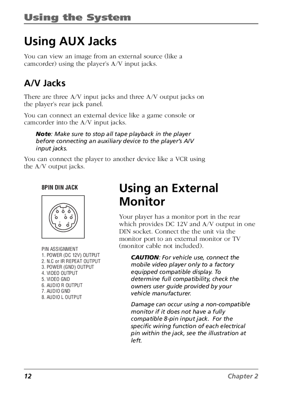 RCA Mobile Video Cassette Player manual Using AUX Jacks, Using an External Monitor 