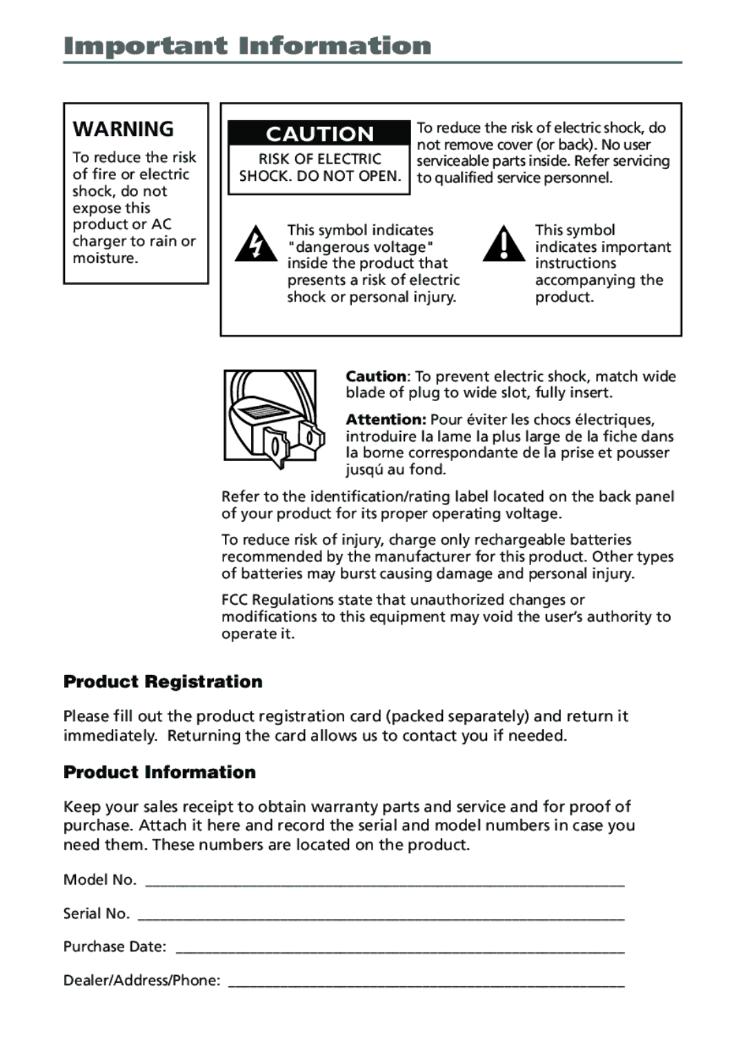 RCA Mobile Video Cassette Player manual Important Information, SHOCK. do not Open 