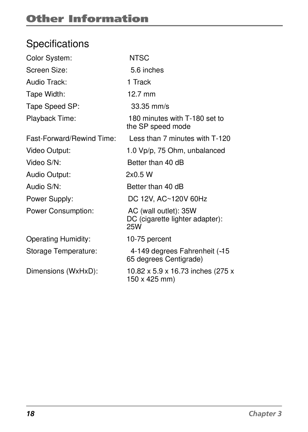 RCA Mobile Video Cassette Player manual Specifications, Ntsc 