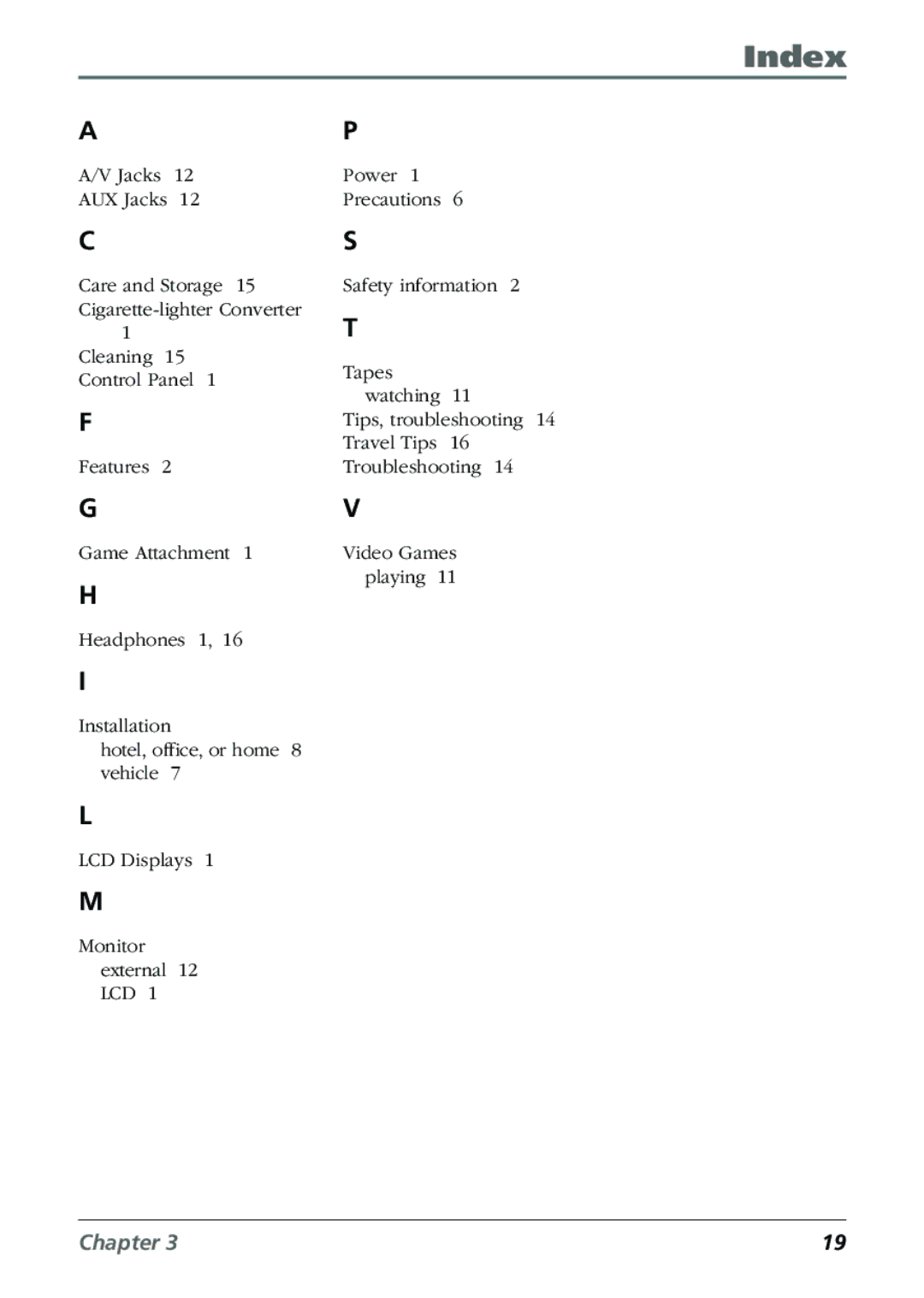 RCA Mobile Video Cassette Player manual Index 