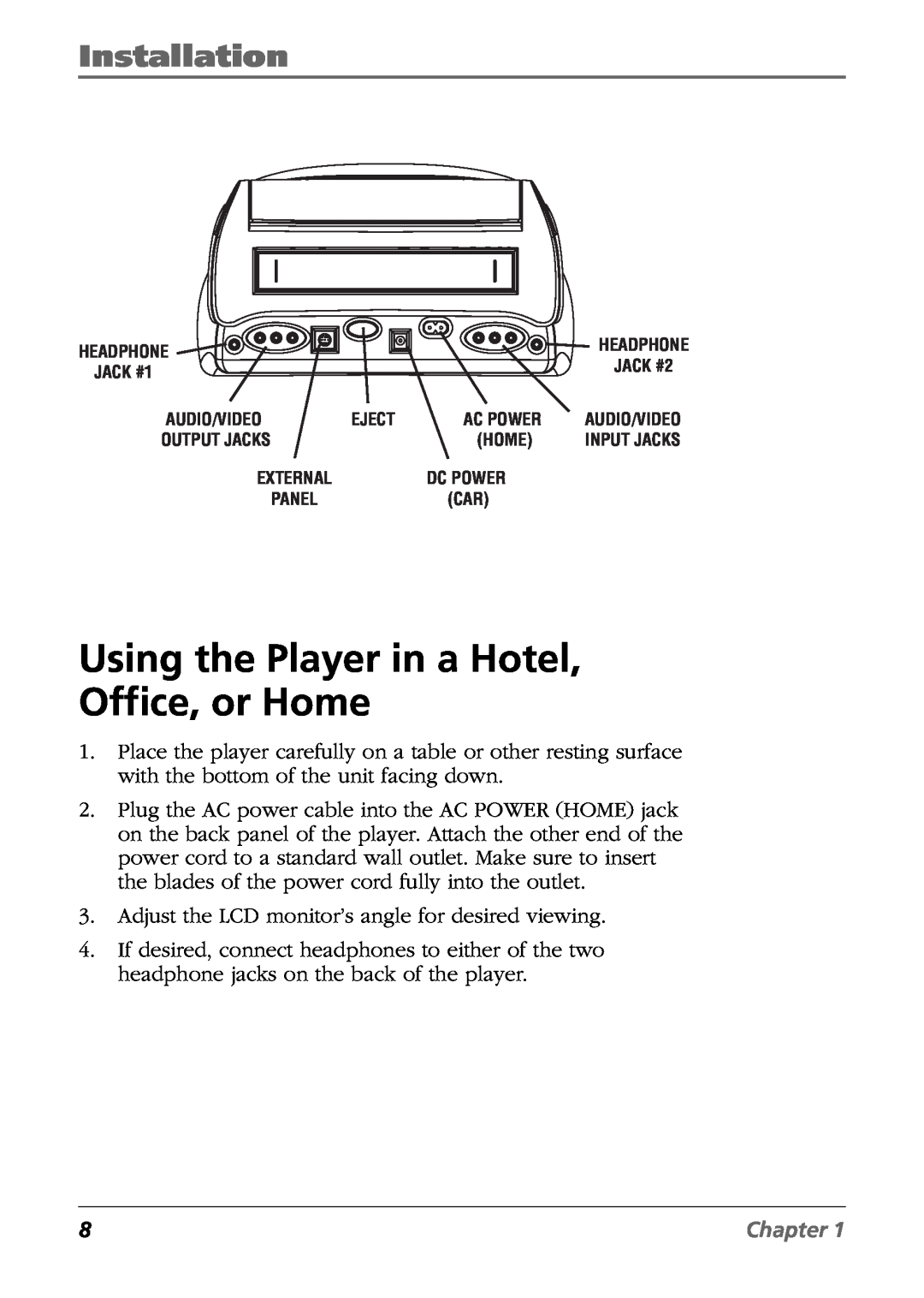 RCA Mobile Video Cassette Player manual Using the Player in a Hotel, Office, or Home, Installation, Chapter, Eject 
