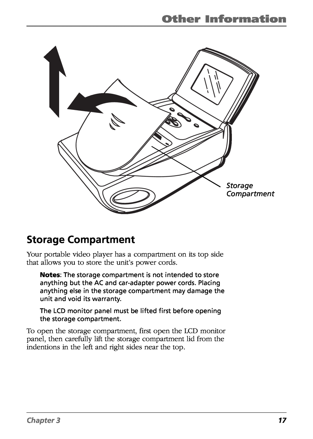 RCA Mobile Video Cassette Player manual Storage Compartment, Other Information, Chapter 