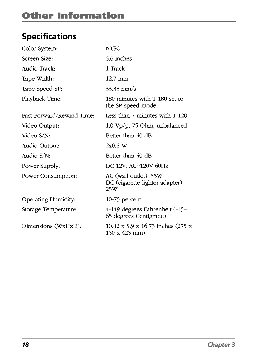 RCA Mobile Video Cassette Player manual Specifications, Other Information, Chapter 