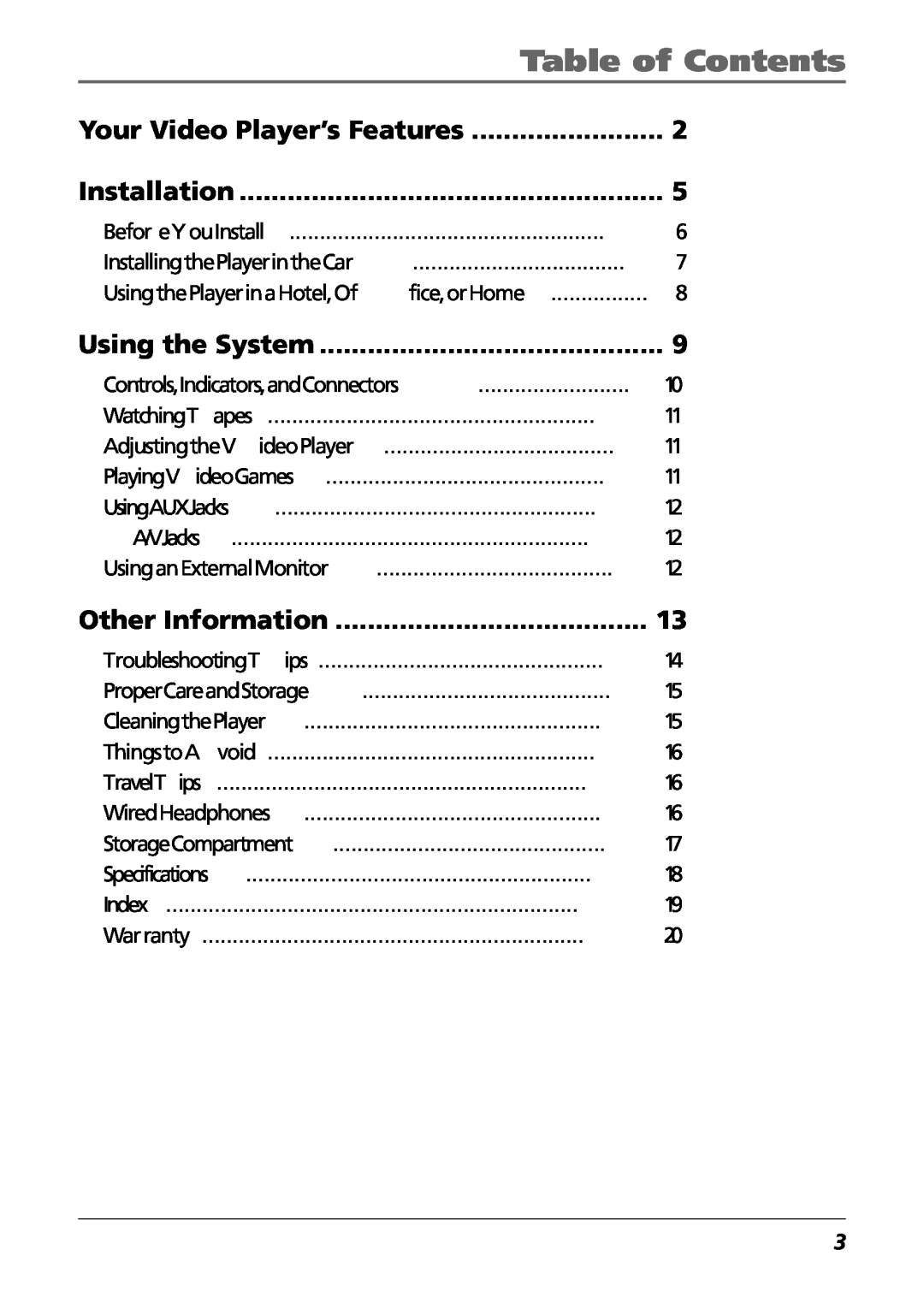 RCA Mobile Video Cassette Player manual Table of Contents, Your Video Player’s Features, Installation, Using the System 