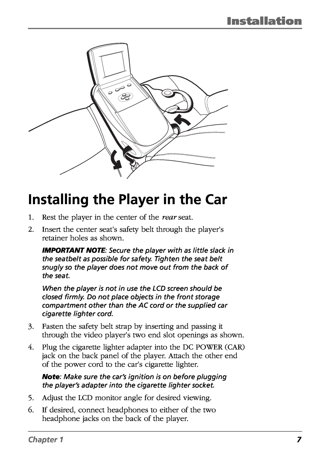 RCA Mobile Video Cassette Player manual Installing the Player in the Car, Installation, Chapter 