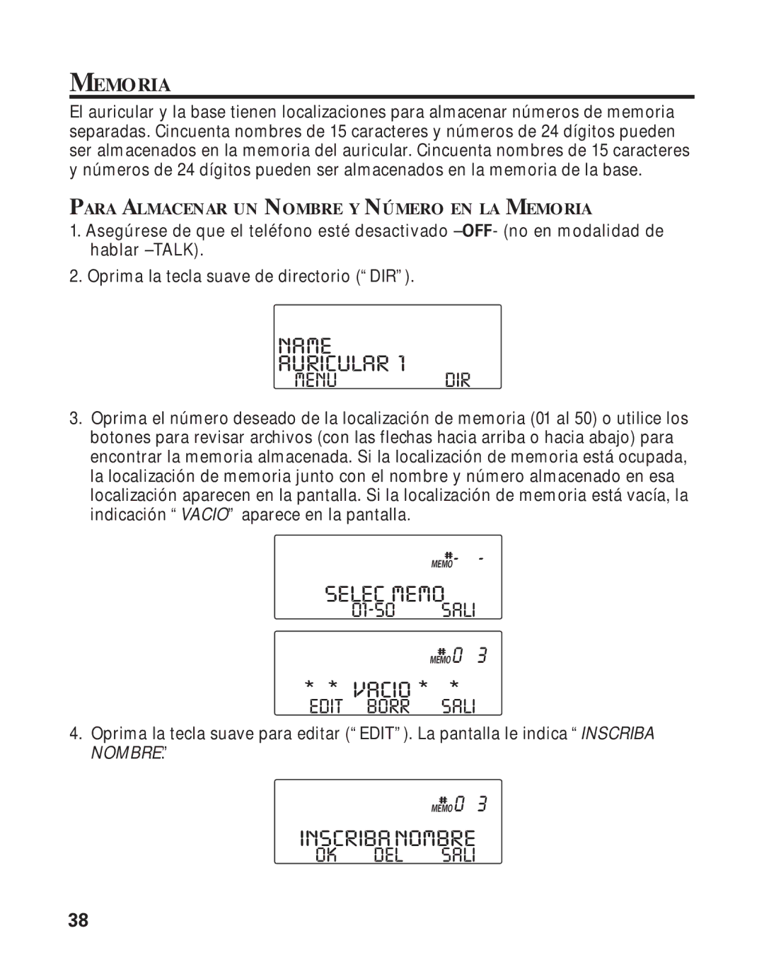 RCA Model 21011 manual Selec Memo, Edit Borr Sali, OK DEL Sali, Para Almacenar UN Nombre Y Número EN LA Memoria 