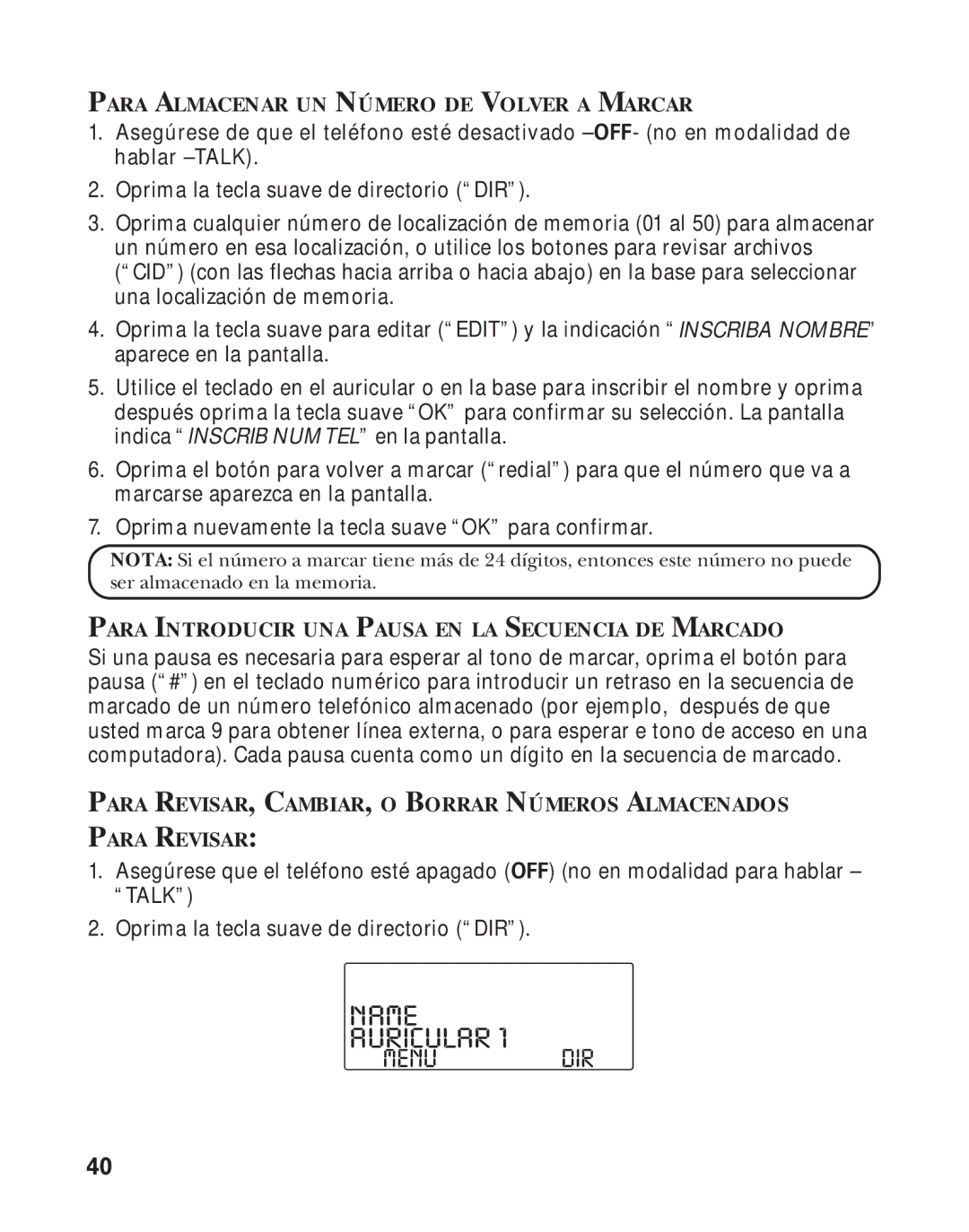 RCA Model 21011 manual Para Almacenar UN Número DE Volver a Marcar, Para Introducir UNA Pausa EN LA Secuencia DE Marcado 