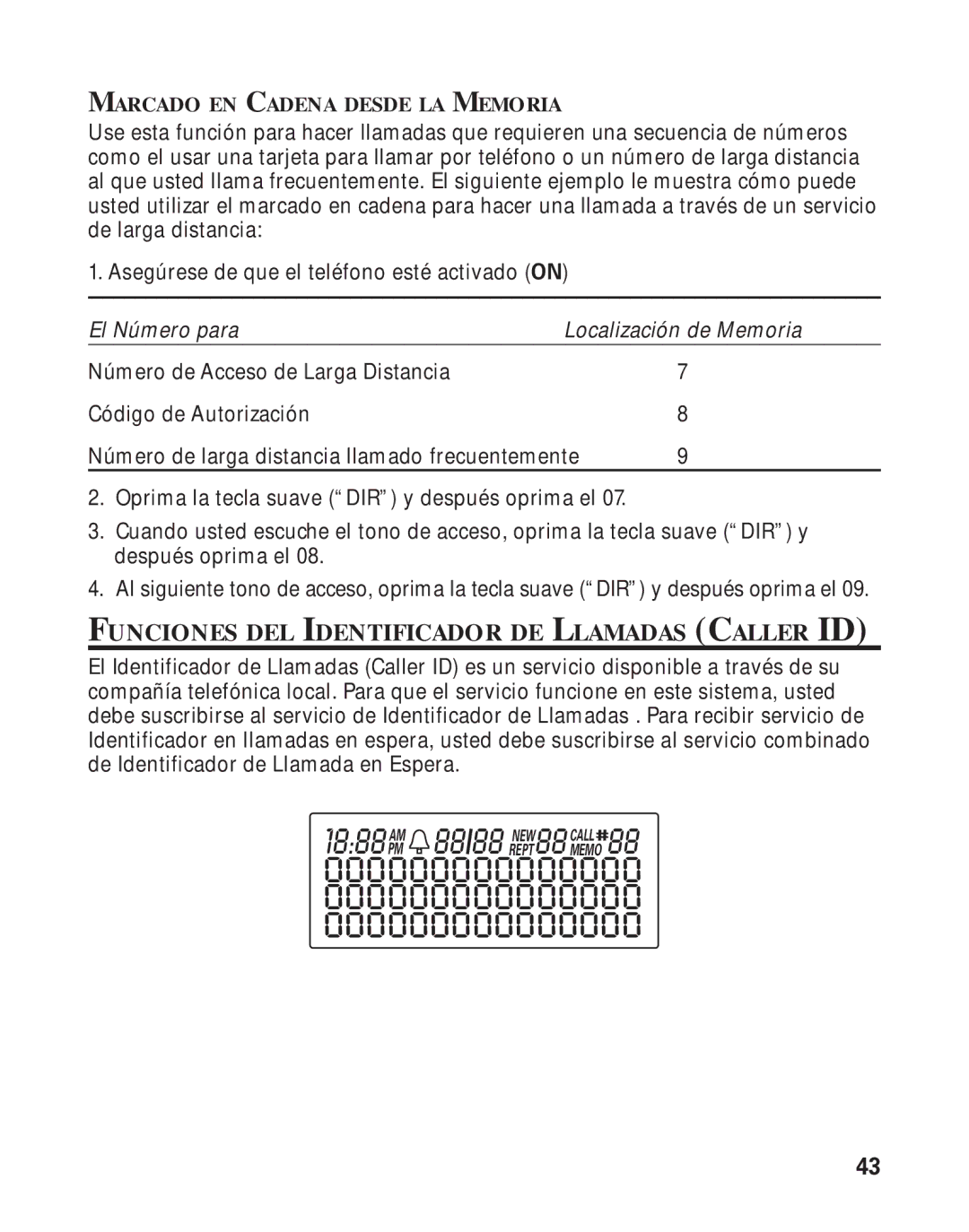 RCA Model 21011 manual Funciones DEL Identificador DE Llamadas Caller ID, Marcado EN Cadena Desde LA Memoria 