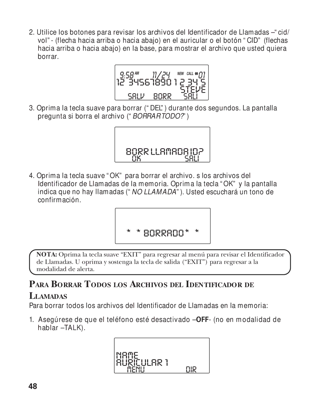 RCA Model 21011 manual Borrado, Borrllamadaid?, Salv Borr Sali 