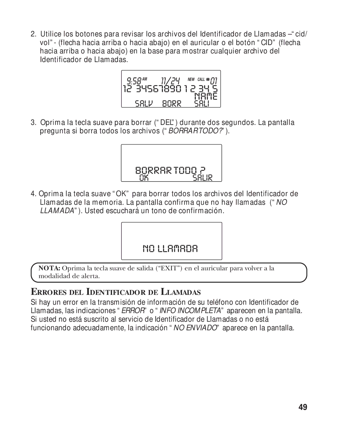 RCA Model 21011 manual No Llamada, Borrartodo ?, OK Salir, Errores DEL Identificador DE Llamadas 