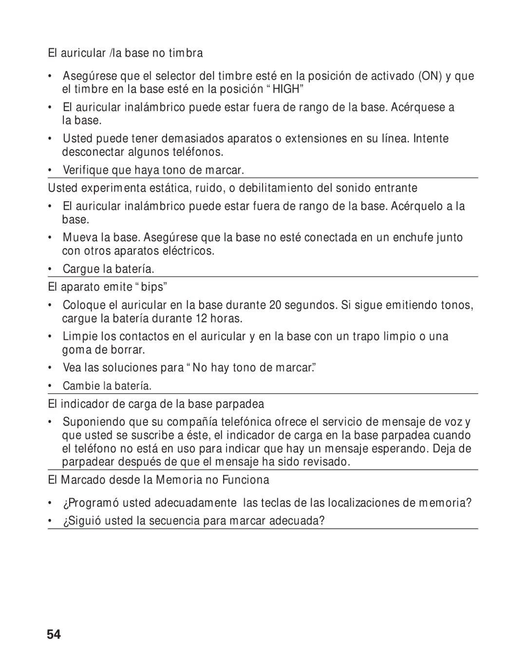 RCA Model 21011 manual El indicador de carga de la base parpadea 