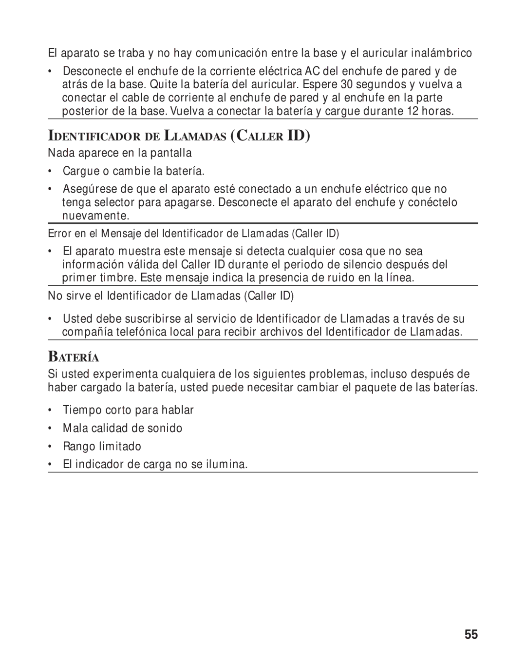 RCA Model 21011 manual Identificador DE Llamadas Caller ID, Batería 