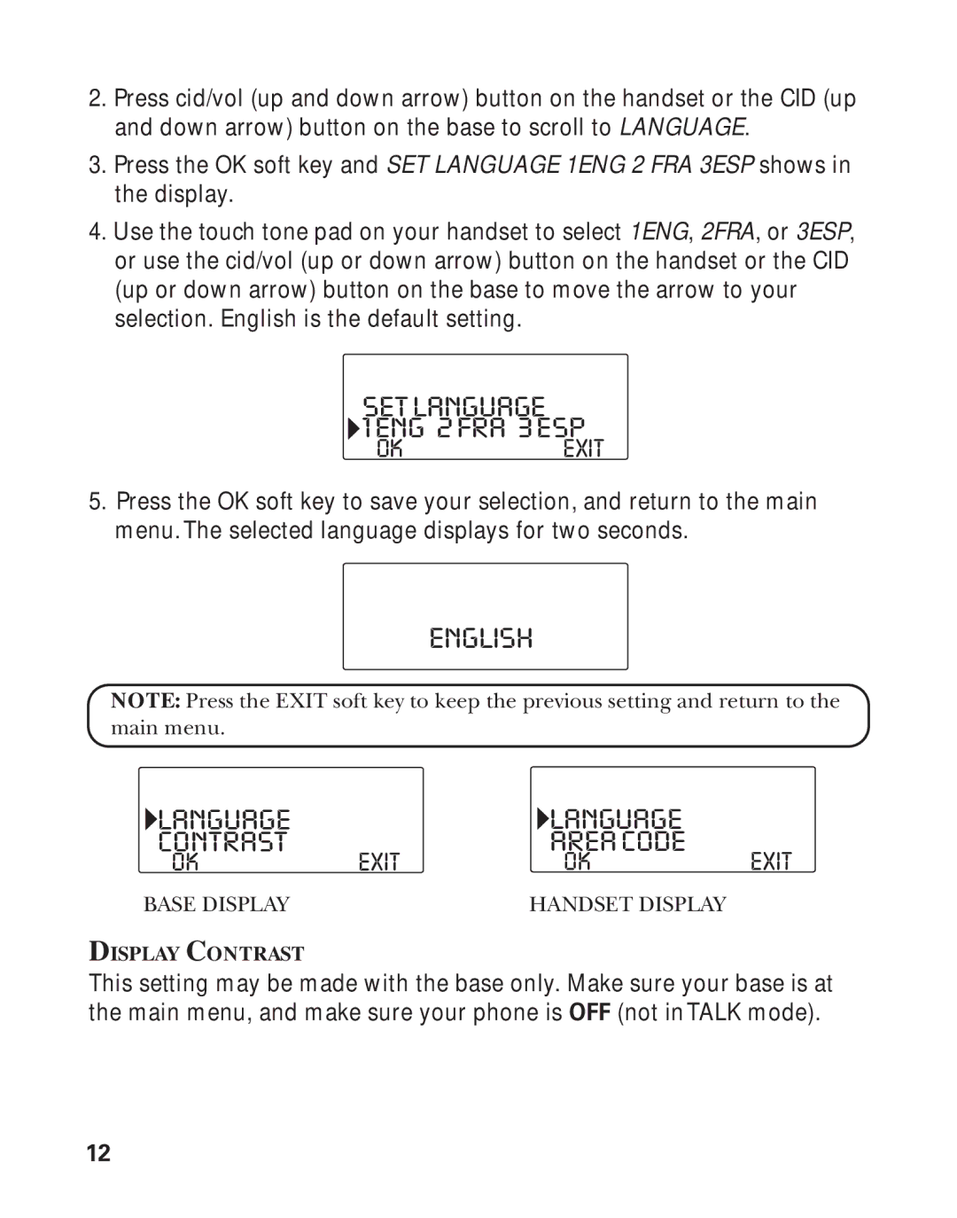 RCA Model 21011 manual English, Setlanguage 1ENG 2FRA 3ESP, Language Contrast, Exit, Display Contrast 