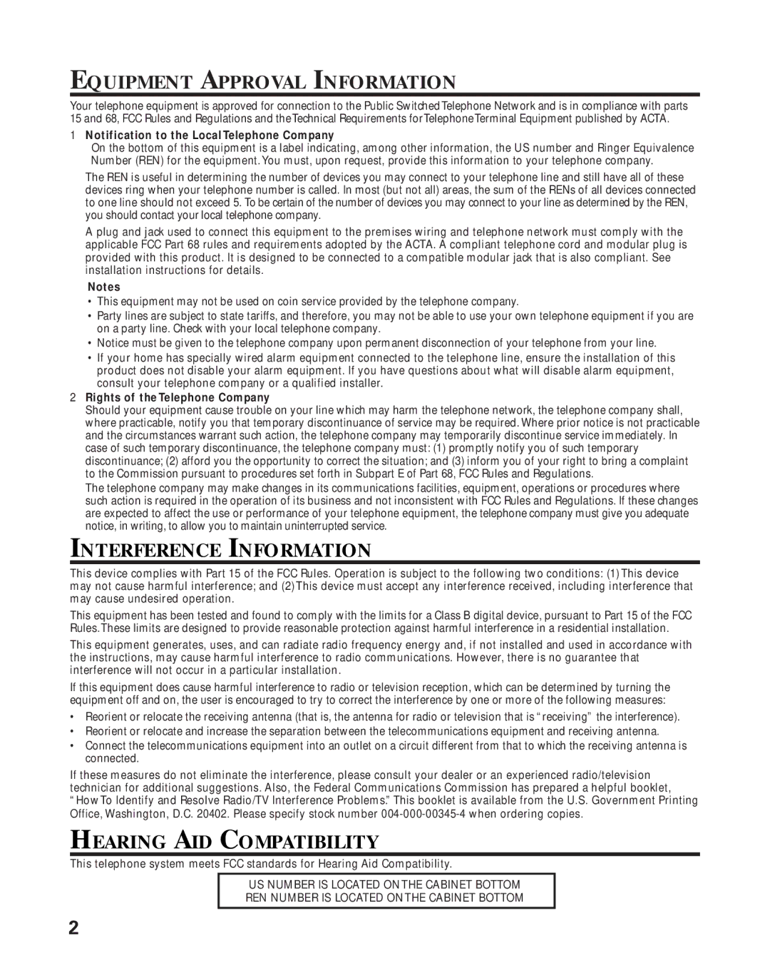 RCA Model 21011 manual Equipment Approval Information, Notification to the LocalTelephone Company 