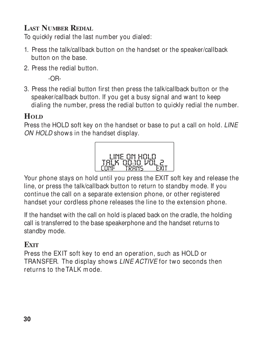 RCA Model 21011 manual Line on Hold, Conf Trans Exit, Last Number Redial 