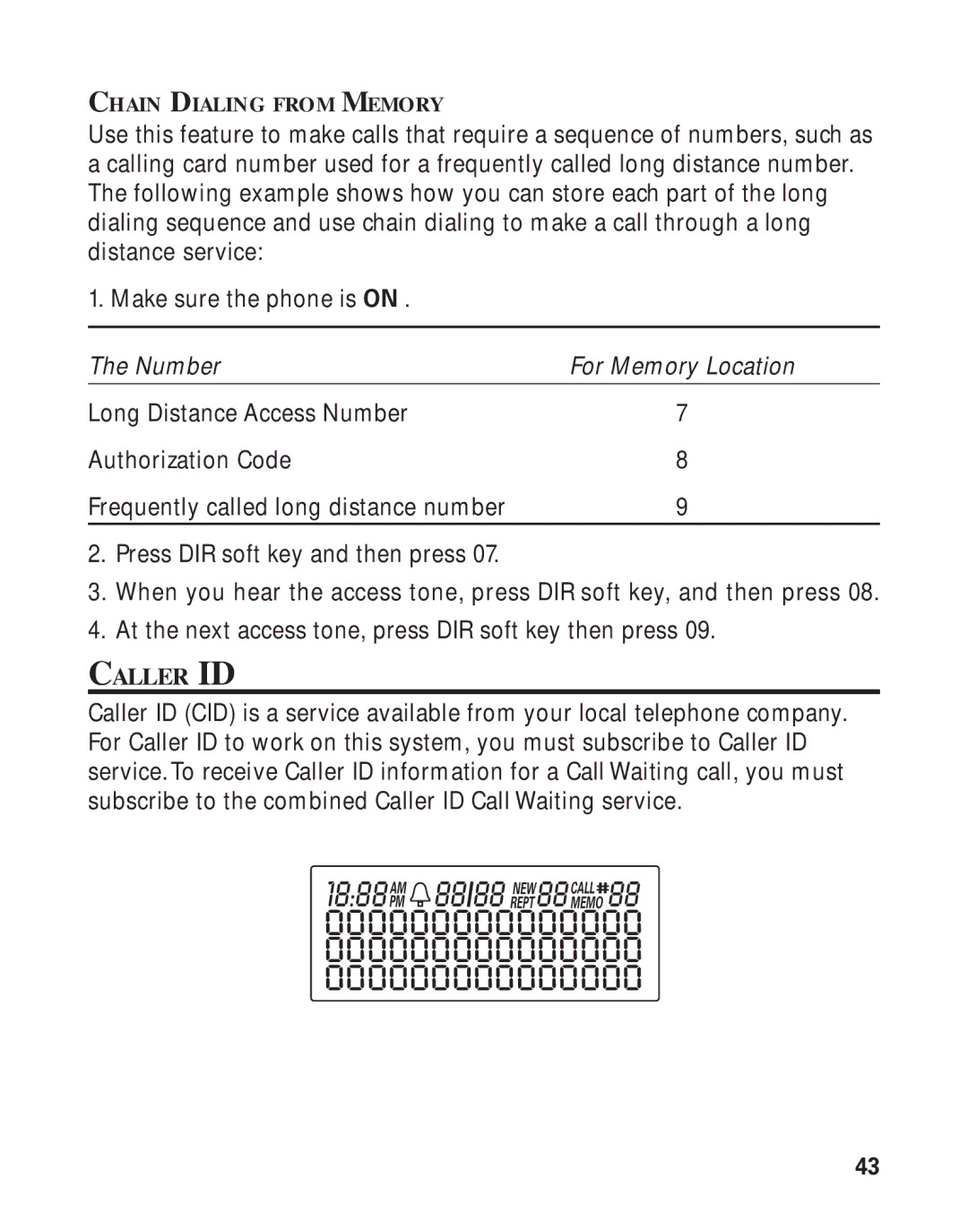 RCA Model 21011 manual Caller ID, Chain Dialing from Memory 