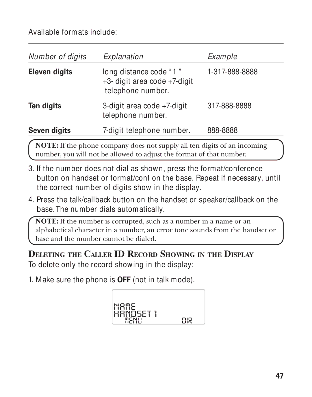 RCA Model 21011 manual Seven digits, Deleting the Caller ID Record Showing in the Display 