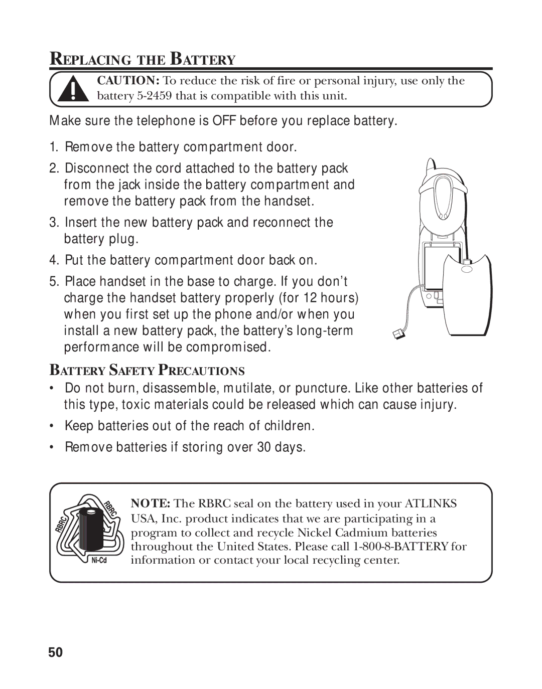 RCA Model 21011 manual Replacing the Battery, Battery Safety Precautions 