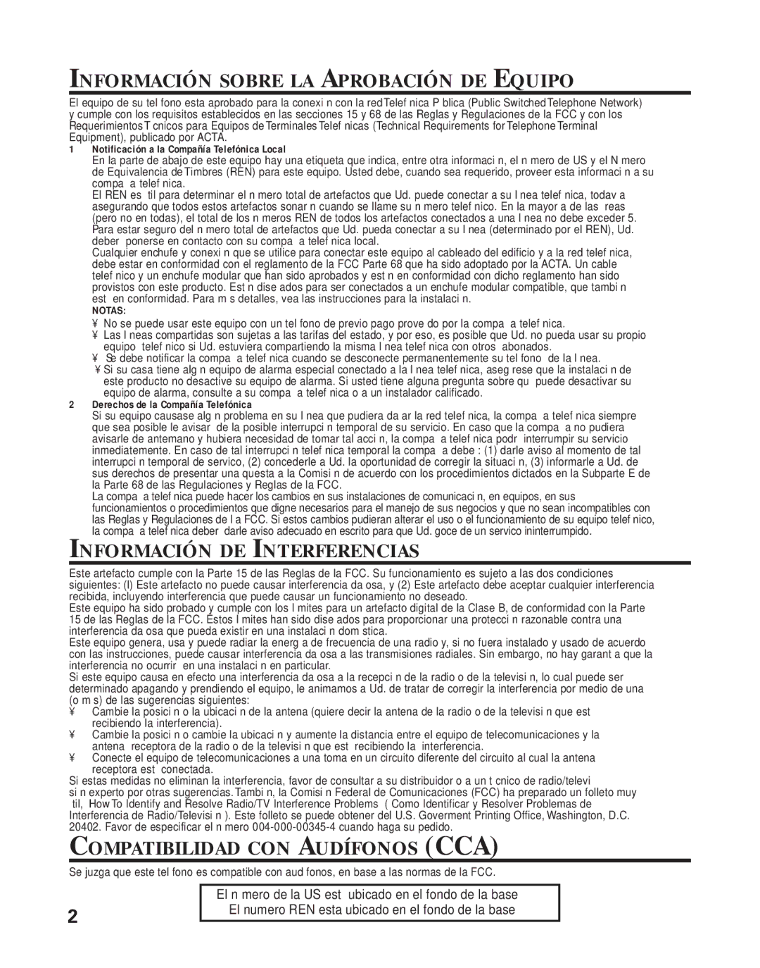 RCA Model 21011 Información Sobre LA Aprobación DE Equipo, Información DE Interferencias, Compatibilidad CON Audífonos CCA 