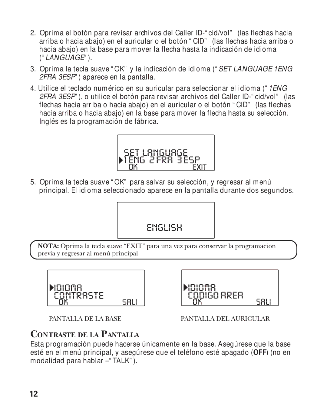 RCA Model 21011 manual SET Language 1ENG 2FRA 3ESP, Idioma Contraste, Sali, Contraste DE LA Pantalla 