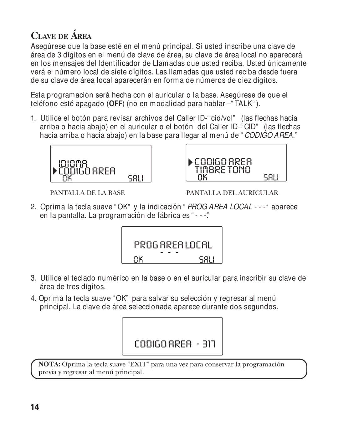 RCA Model 21011 manual Codigoarea, Idioma, Progarealocal, Sali Timbretono 