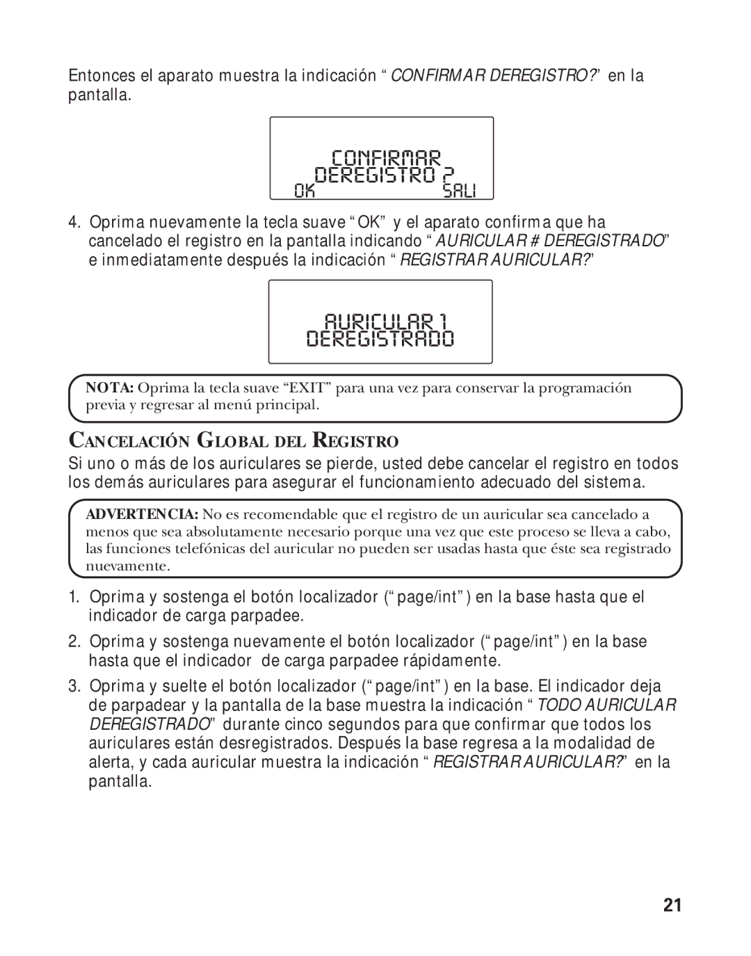 RCA Model 21011 manual Auricular Deregistrado, Confirmar Deregistro ?, Cancelación Global DEL Registro 