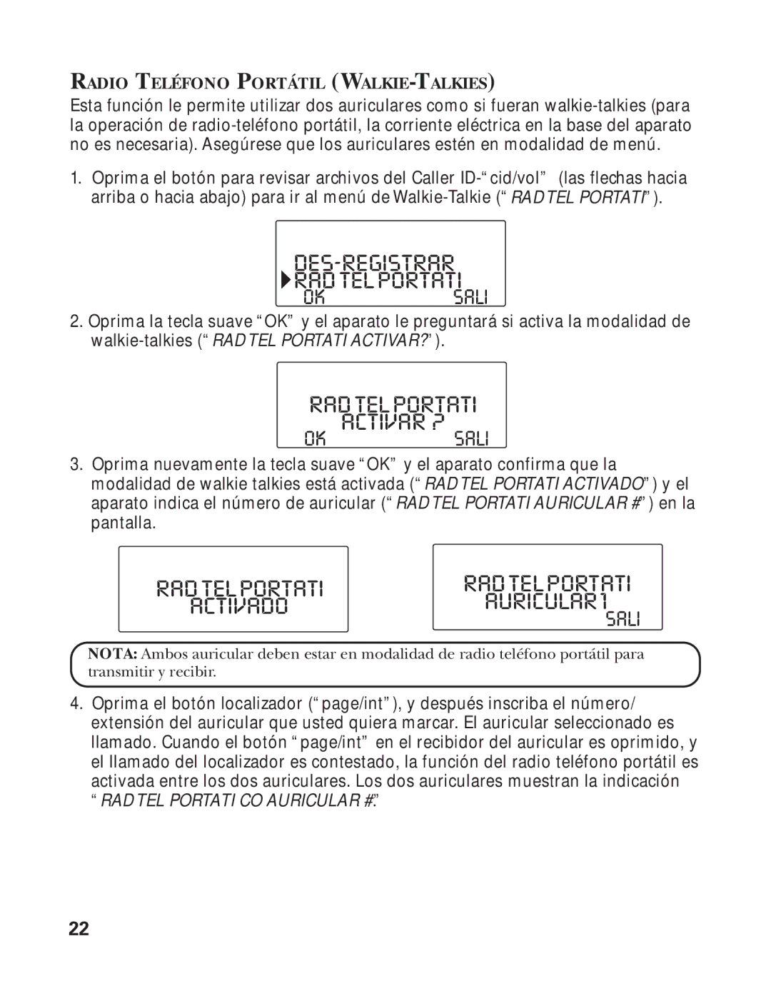 RCA Model 21011 DES-REGISTRAR Radtelportati, Radtelportati Activar ?, Radtelportatiradtelportati ACTIVADOAURICULAR1 Sali 