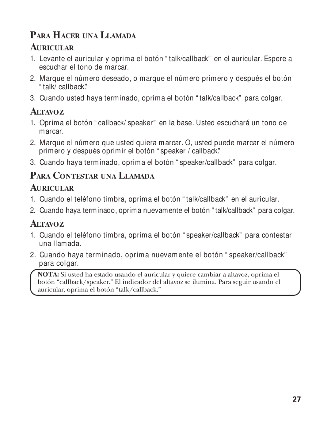 RCA Model 21011 manual Para Hacer UNA Llamada Auricular, Para Contestar UNA Llamada Auricular 